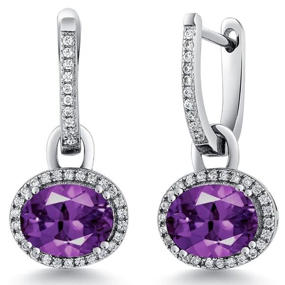 925 Sterling Silver with 4.16 Cttw Amethyst Oval Dangling French Lock Earrings